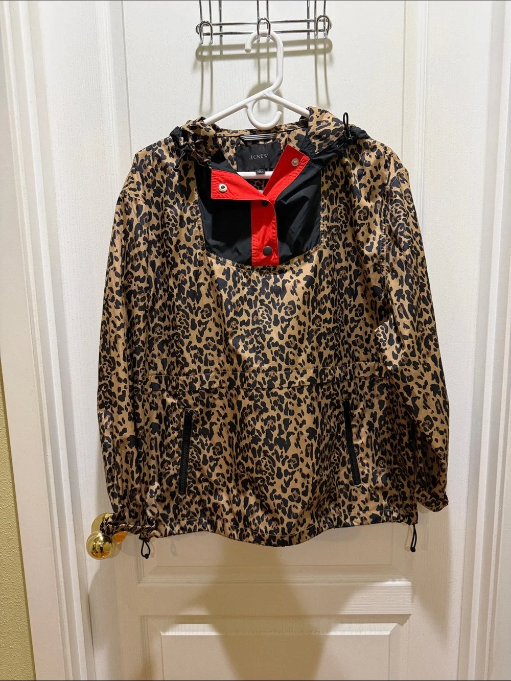 J. Crew Leopard Print Anorak Rain Jacket with Red Trim